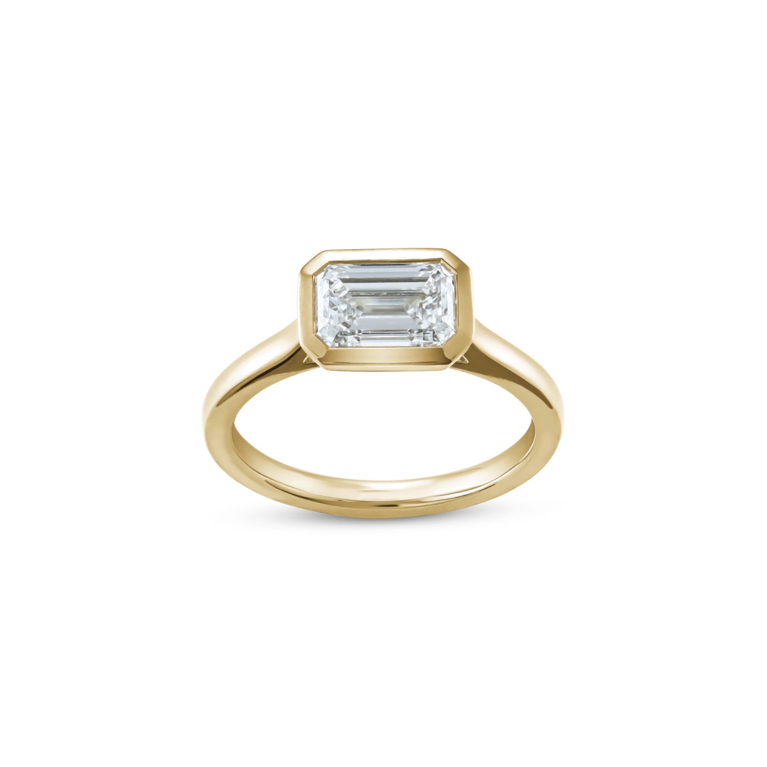 East-West Emerald Cut Lab-Grown Diamond Bezel Solitaire Engagement Ring in Yellow Gold Front View