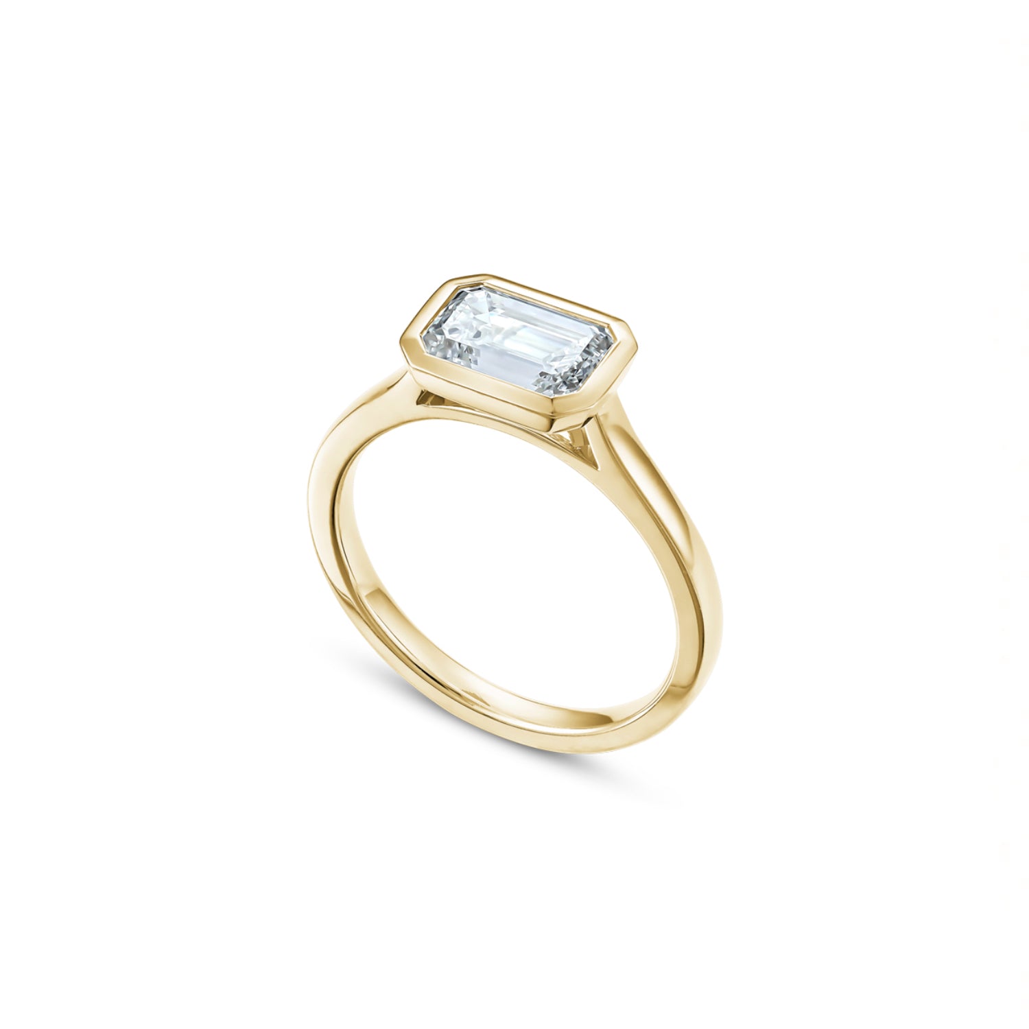 East-West Emerald Cut Lab-Grown Diamond Bezel Solitaire Engagement Ring in Yellow Gold Side View
