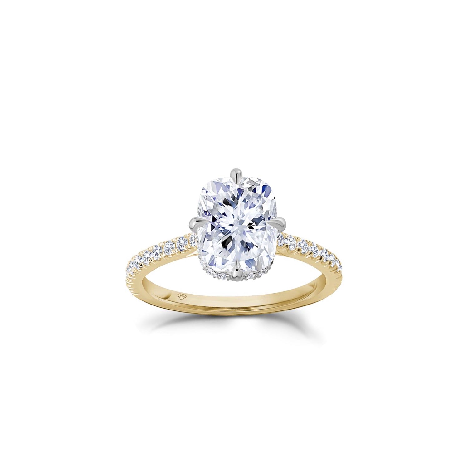 Elongated Cushion Cut Lab-Grown Diamond Hidden Halo Engagement Ring in Yellow Gold Front View