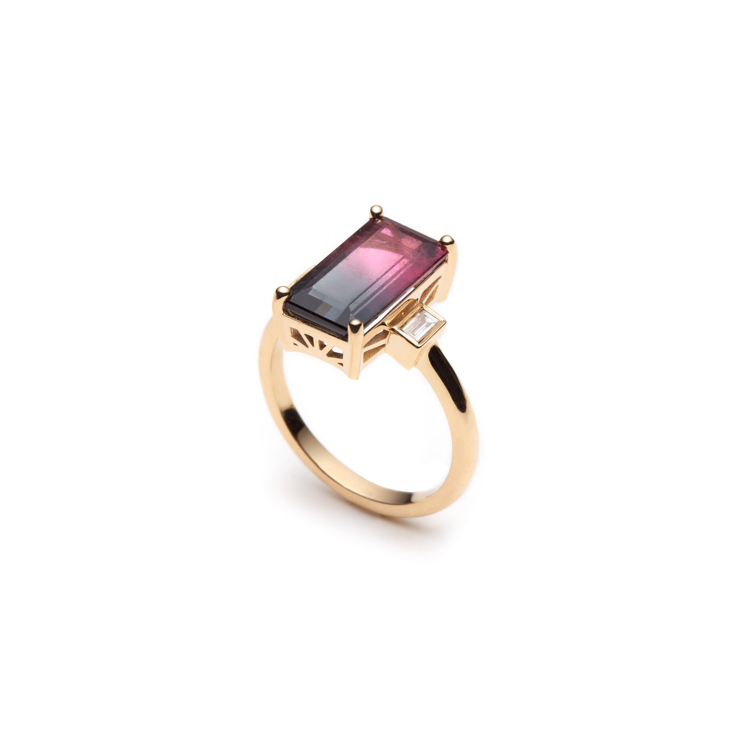 Emerald Cut Bi-Colour Tourmaline and Baguette Cut Diamond Three-Stone Ring Side View