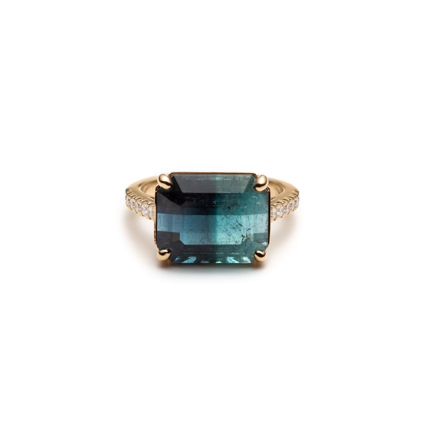 Emerald Cut Blue Tourmaline Diamond Pavé East-West Ring