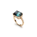 Emerald Cut Blue Tourmaline Diamond Pavé East-West Ring Side View