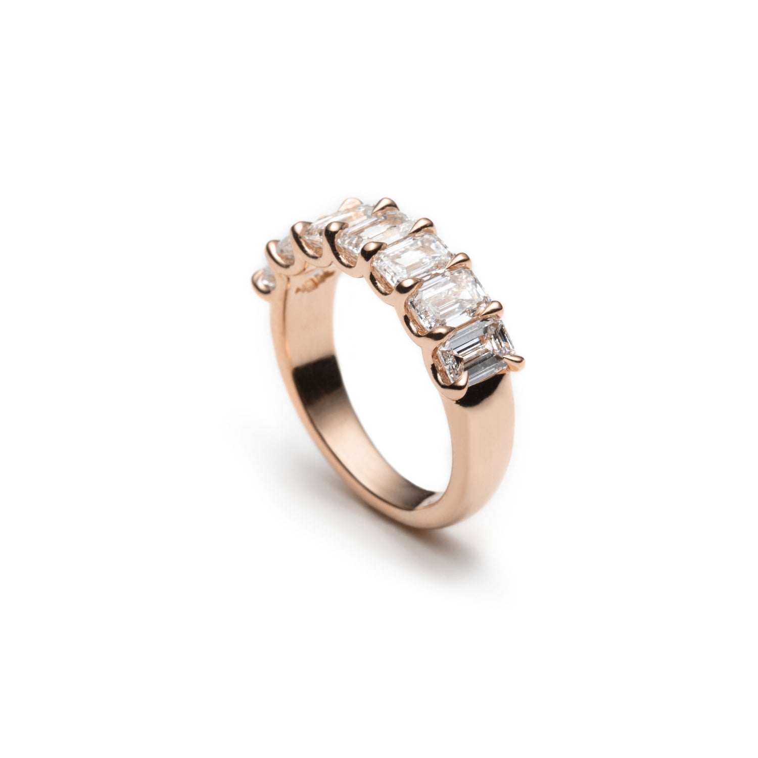Emerald Cut Diamond Shared Scallop Set Half-Eternity Ring in Rose Gold Side View