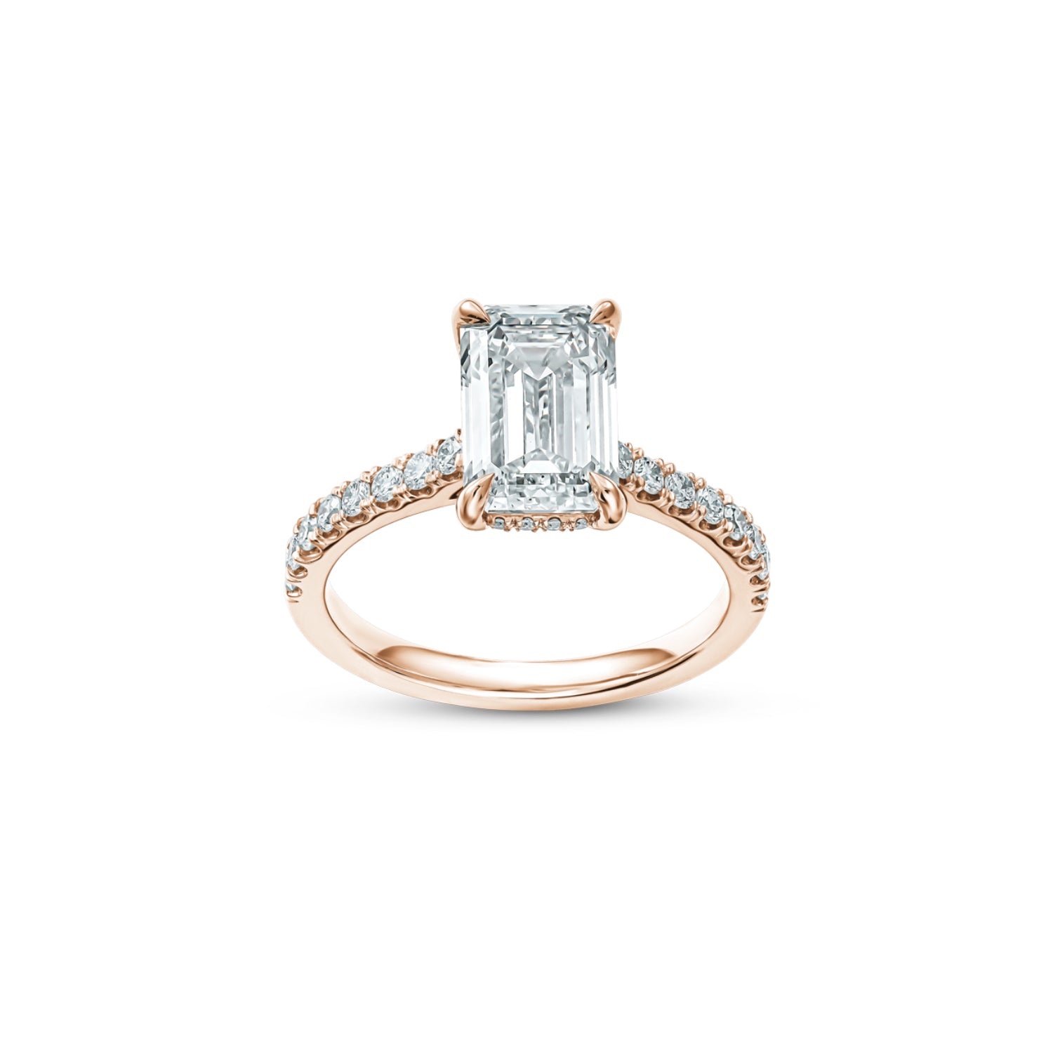 Emerald Cut Lab-Grown Diamond Hidden Halo Engagement Ring in Rose Gold Front View