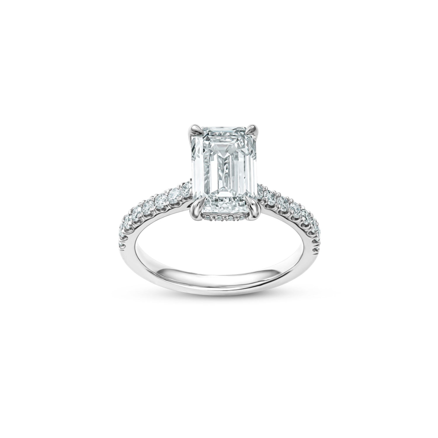 Emerald Cut Lab-Grown Diamond Hidden Halo Engagement Ring in White Gold Front View