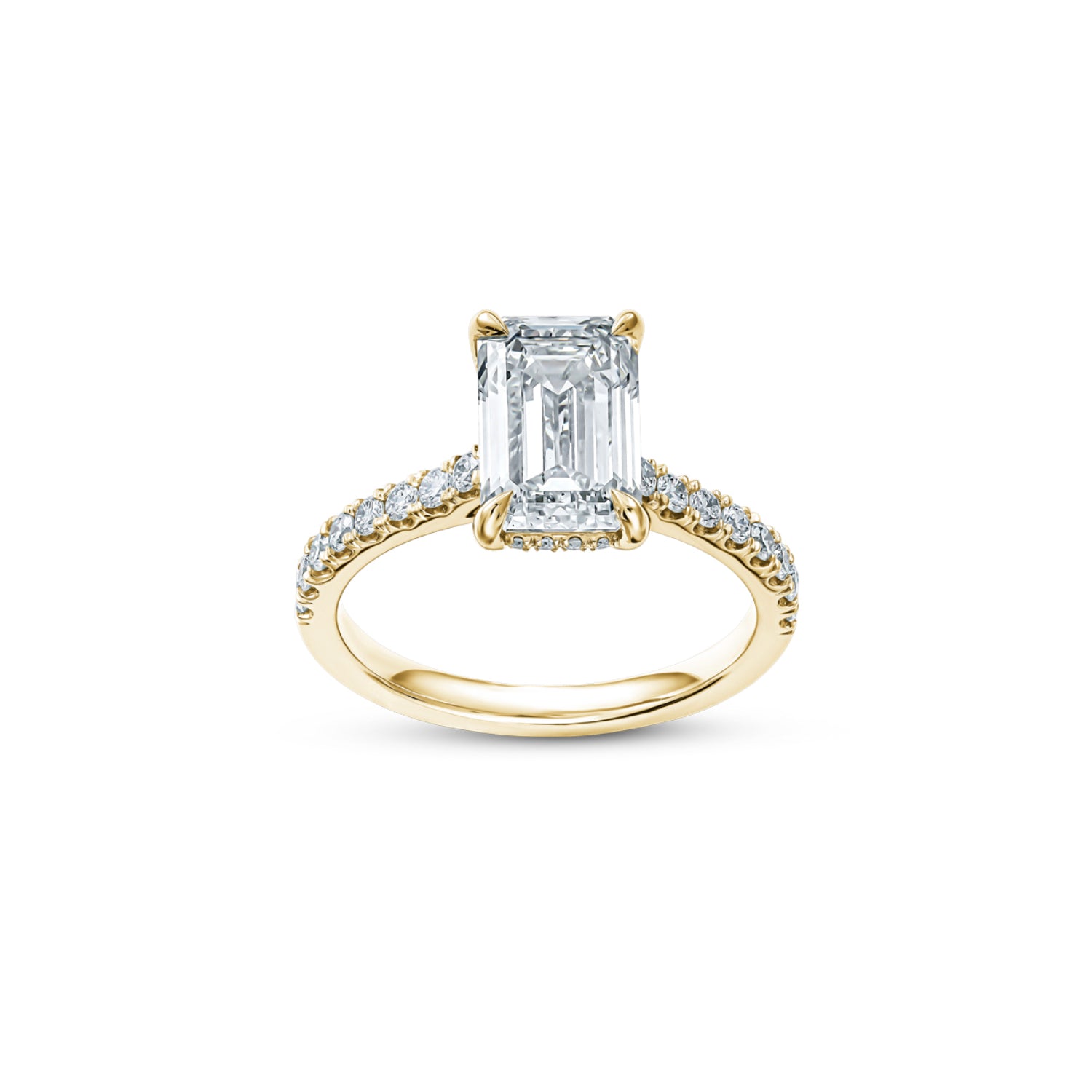 Emerald Cut Lab-Grown Diamond Hidden Halo Engagement Ring in Yellow Gold Front View