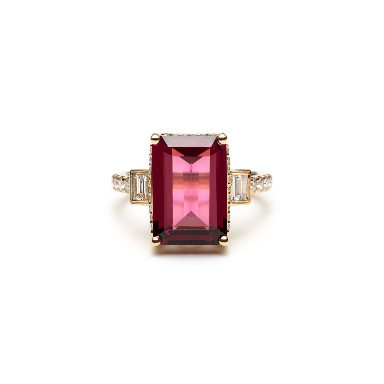 Emerald Cut Red Garnet and Baguette Cut Diamond Cocktail Ring