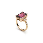 Emerald Cut Red Garnet and Baguette Cut Diamond Cocktail Ring Side View