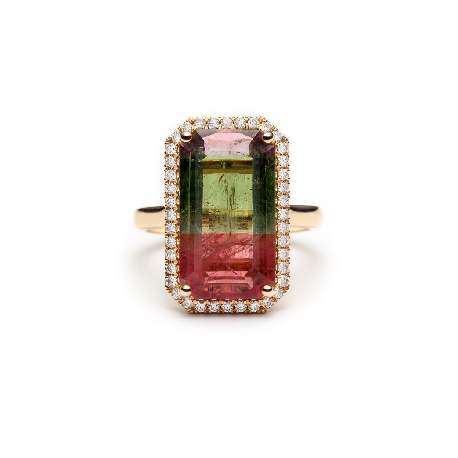 Emerald Cut Watermelon Tourmaline Diamond Halo Cocktail Ring