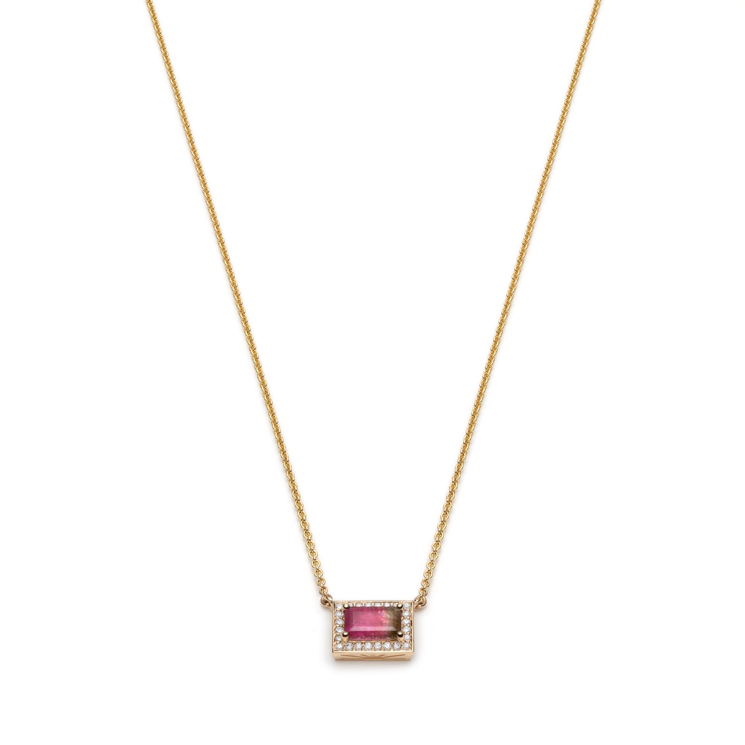 Emerald Cut Watermelon Tourmaline Diamond Halo East-West Necklace