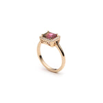 Emerald Cut Watermelon Tourmaline Diamond Halo East-West Ring