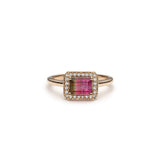 Emerald Cut Watermelon Tourmaline Diamond Halo East-West Ring