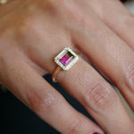 Emerald Cut Watermelon Tourmaline Diamond Halo East-West Ring on a Model