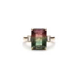 Emerald Cut Watermelon Tourmaline and Baguette Cut Diamond Three-Stone Ring