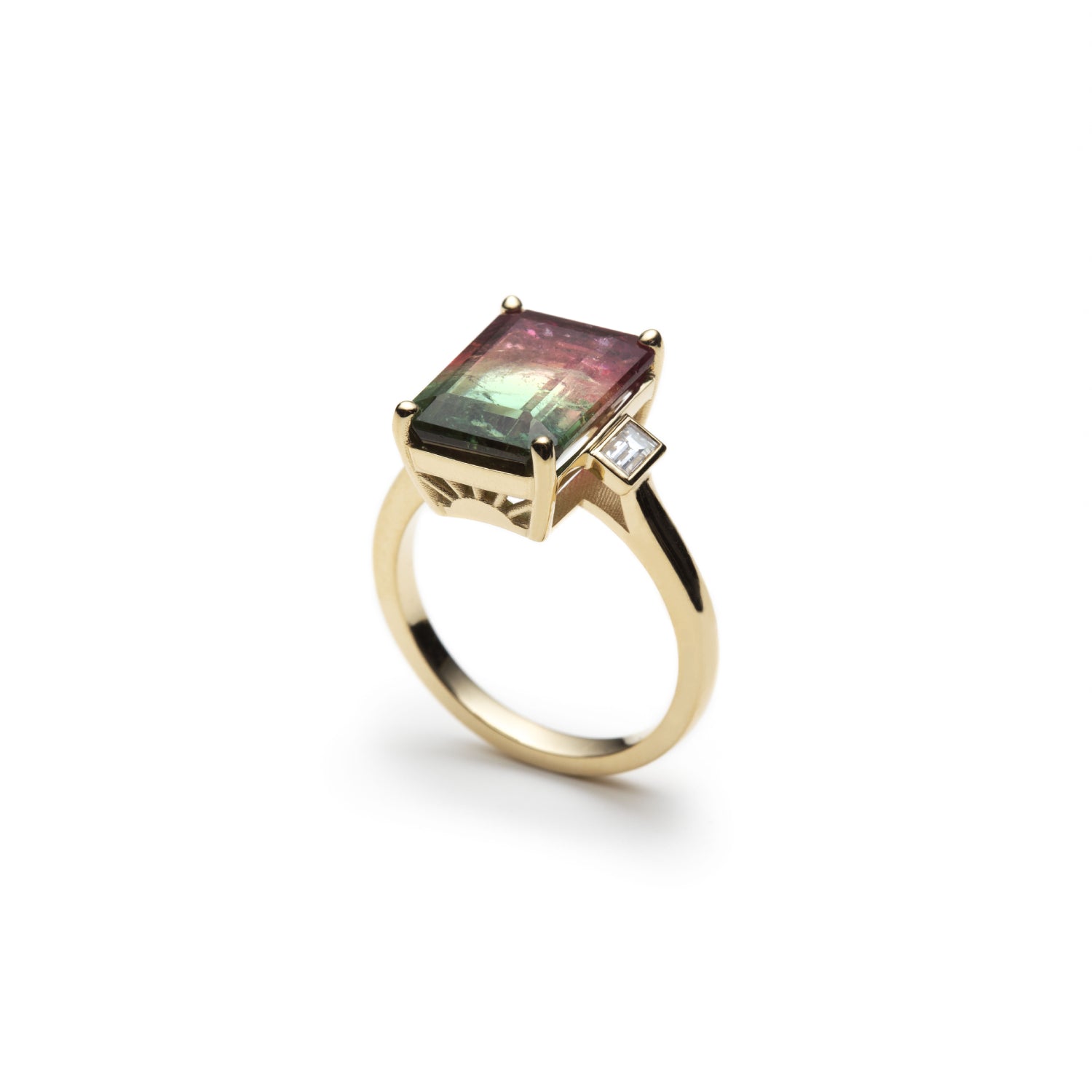 Emerald Cut Watermelon Tourmaline and Baguette Cut Diamond Three-Stone Ring Side View