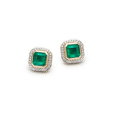 Emerald and Diamond Octagonal Halo Two-Tone Gold Stud Earrings