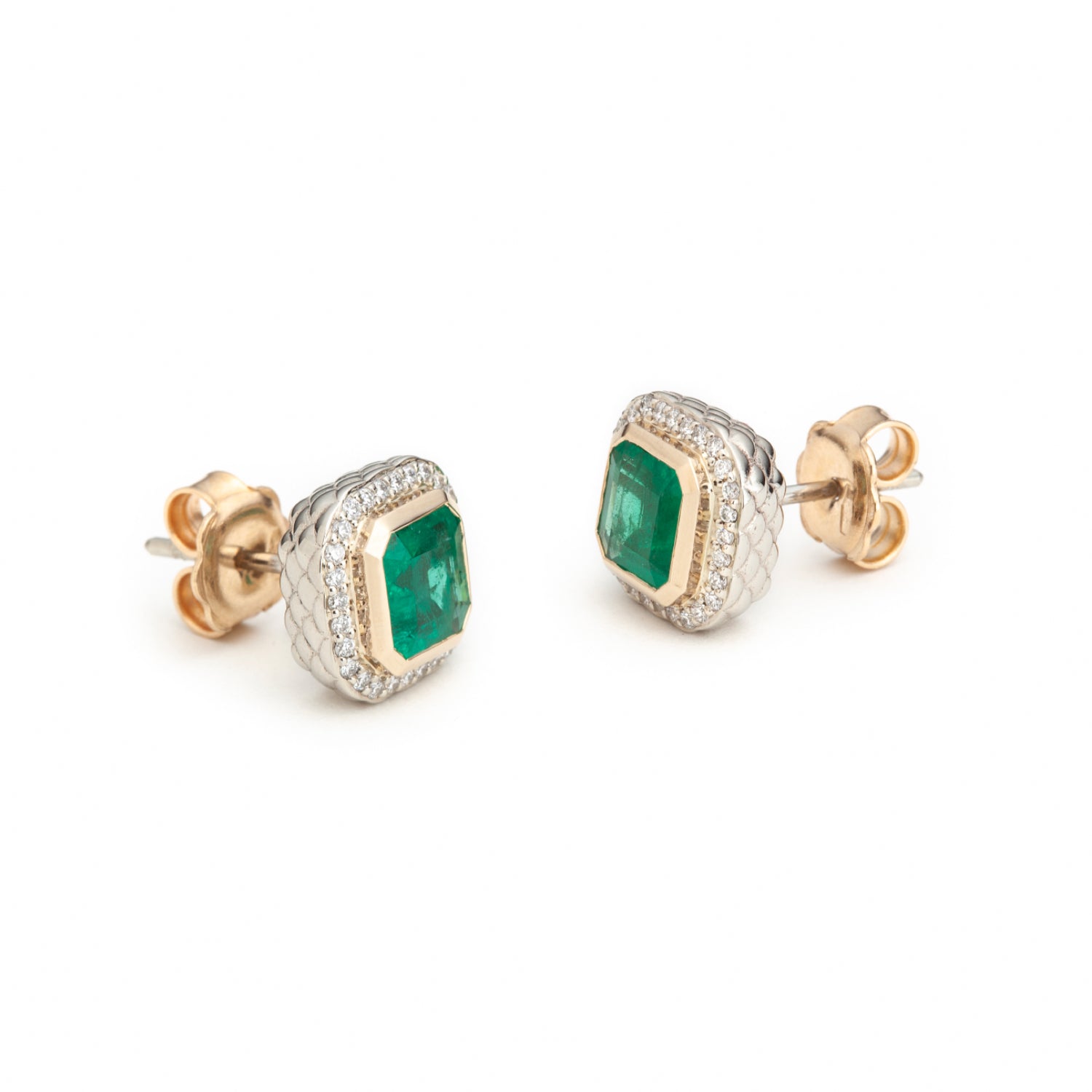 Emerald and Diamond Octagonal Halo Two-Tone Gold Stud Earrings Side View