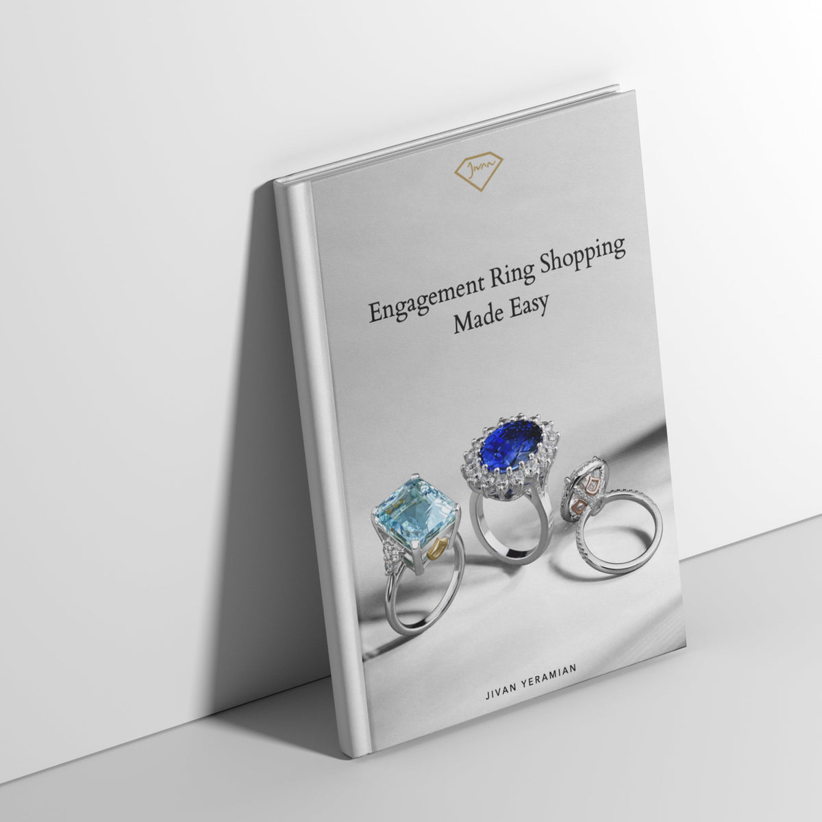 Engagement Ring Shopping Made Easy guidebook by Jivan Yeramian, featuring three gemstone rings on the cover.