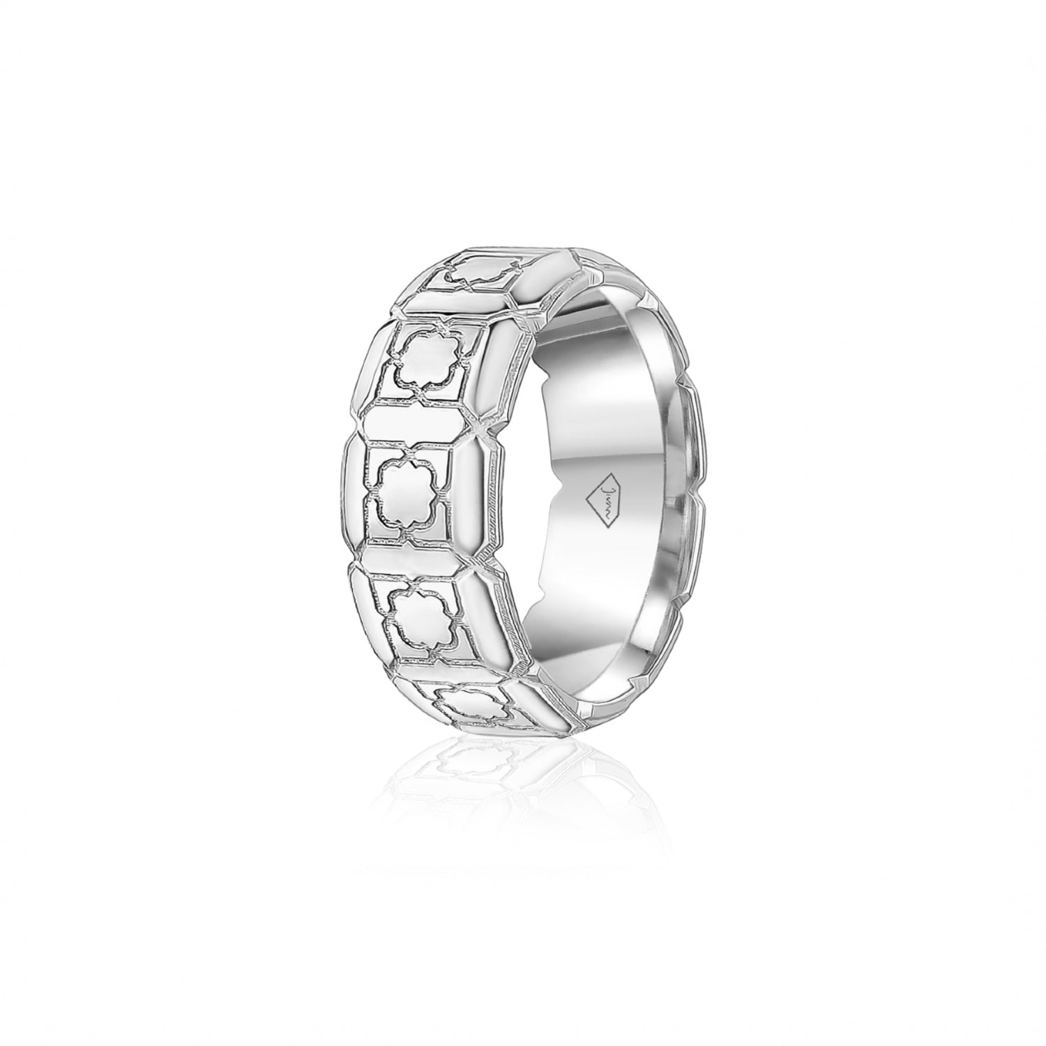 Engraved Motif Polished Finish Standard Fit 8-9 mm Wedding Band in White Gold