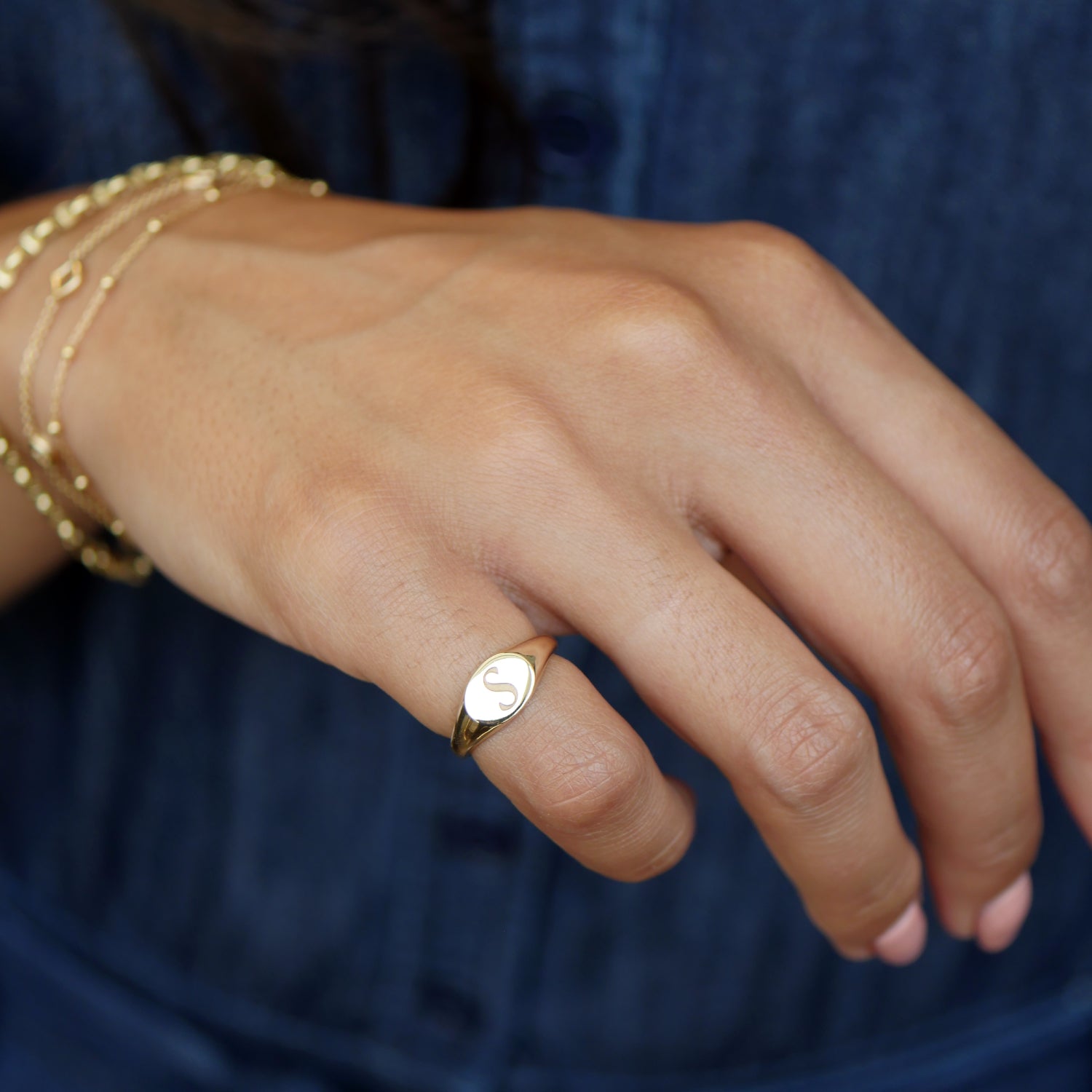 Engraved Initial Signet Ring on a Model