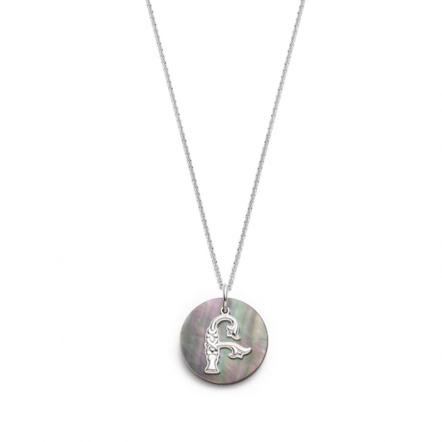 Grey Mother of Pearl Armenian Initial Mini Pendant in White Gold