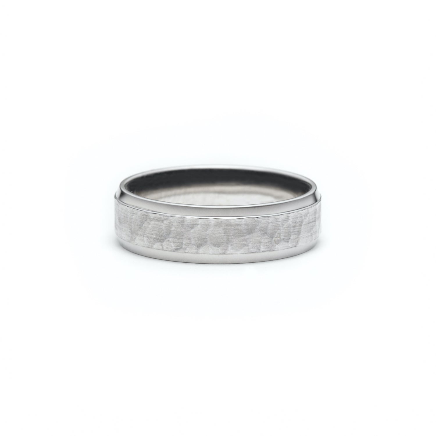 Hammered Finish Bevelled Edge 6-7 mm Wedding Band in White Gold