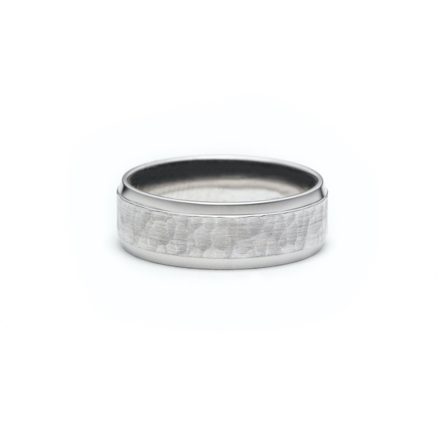 Hammered Finish Bevelled Edge 8-9 mm Wedding Band in White Gold