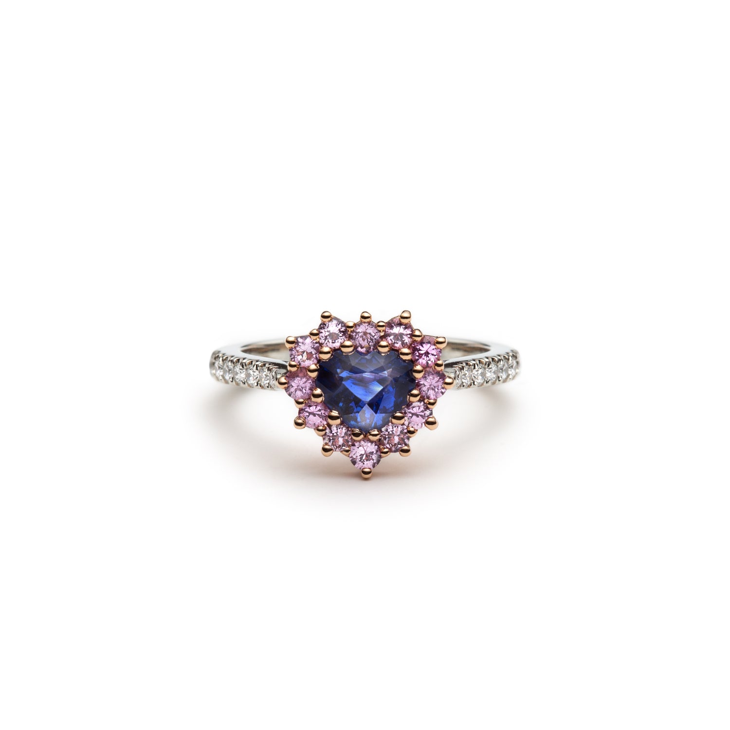 Heart-Shaped Blue Sapphire and Pink Sapphire Halo Two-Tone Gold Ring