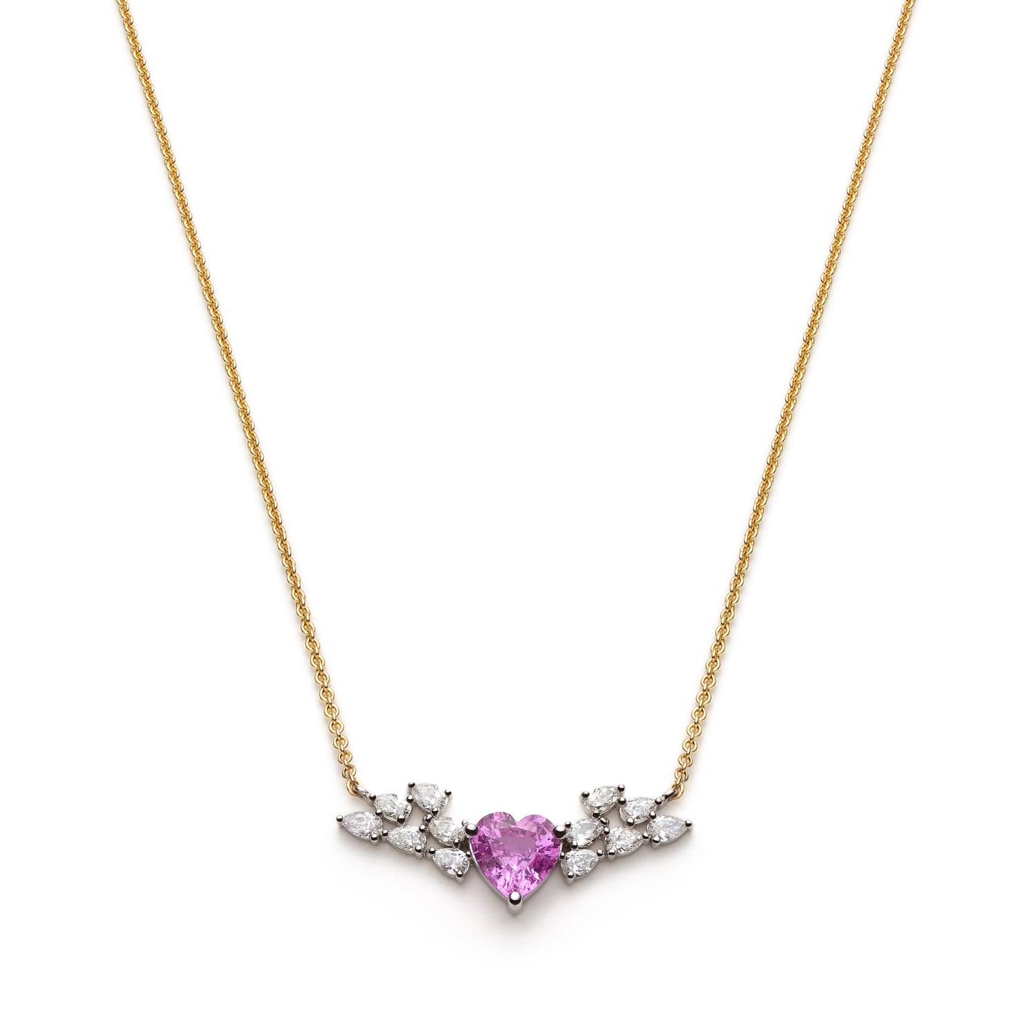 Heart-Shaped Pink Sapphire and Pear-Shaped Diamond Wing Necklace