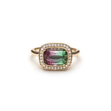 Elongated Cushion Cut Watermelon Tourmaline Diamond Halo East-West Ring