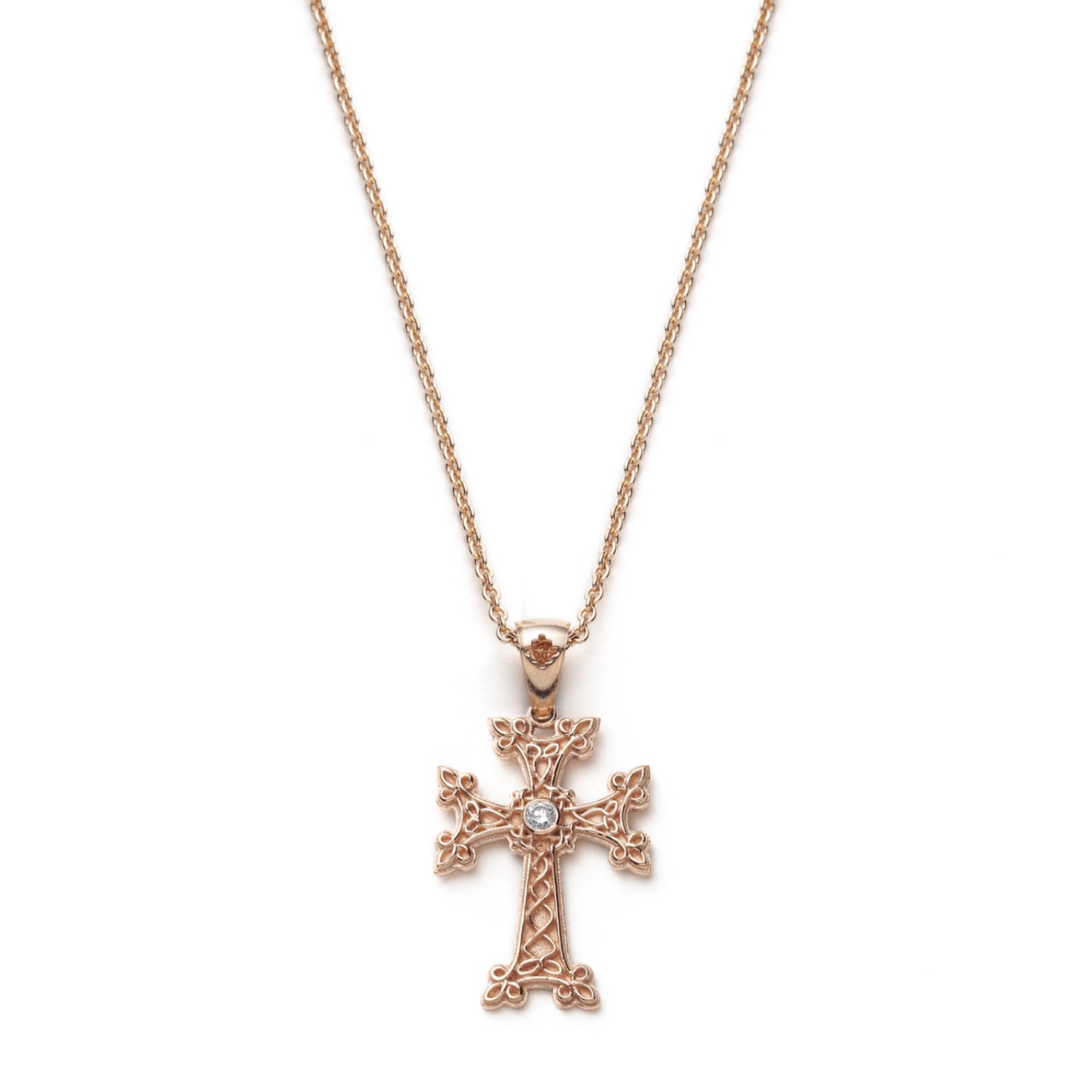 "Khachkar" Armenian Cross Pendant with Centre Diamond in Rose Gold