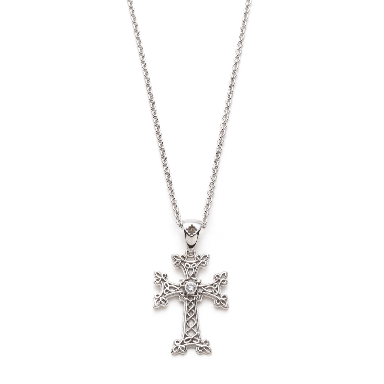 "Khachkar" Armenian Cross Pendant with Centre Diamond in White Gold