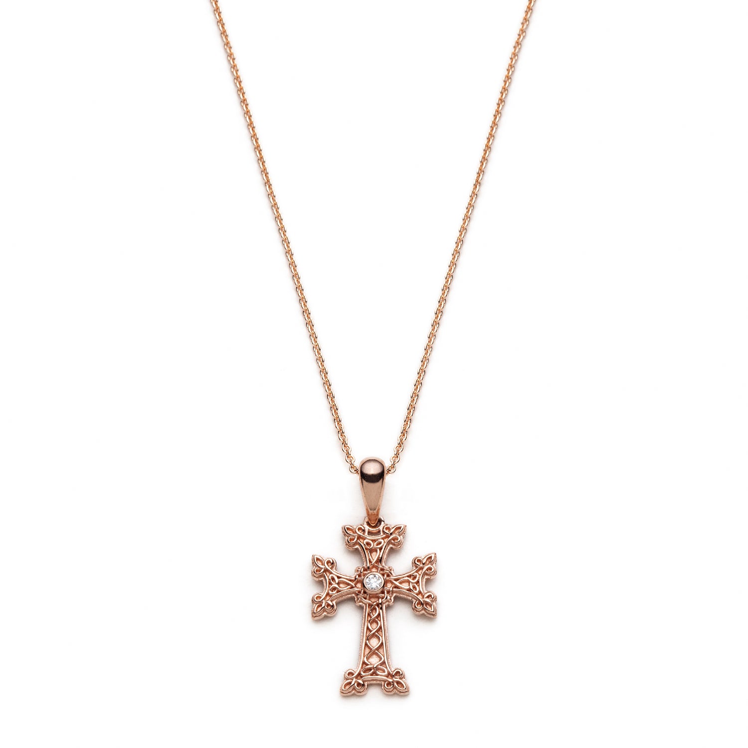 "Khachkar" Armenian Cross Mini Pendant with Centre Diamond in Rose Gold