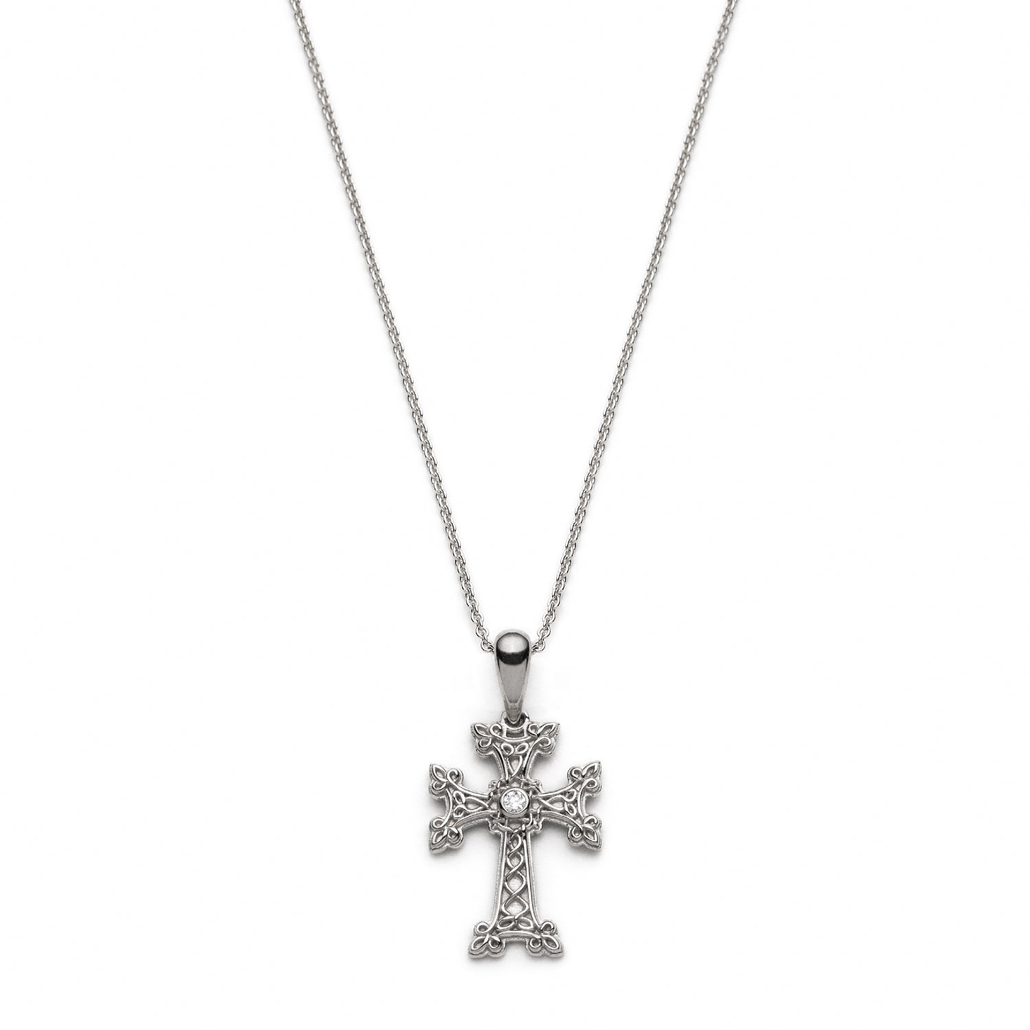 "Khachkar" Armenian Cross Mini Pendant with Centre Diamond in White Gold