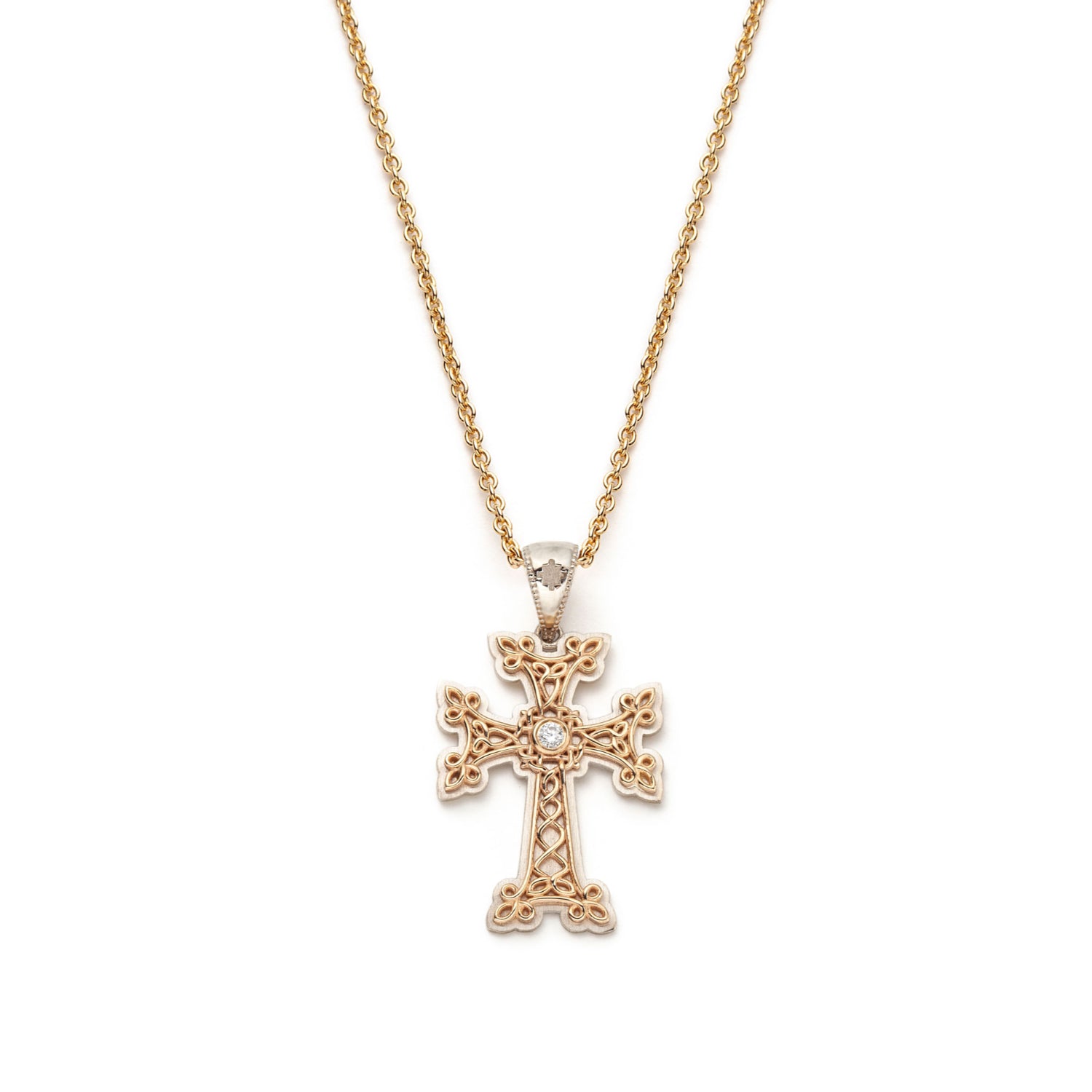 "Khachkar" Diamond Accent Armenian Cross Two-Tone Gold Pendant in Yellow and White Gold