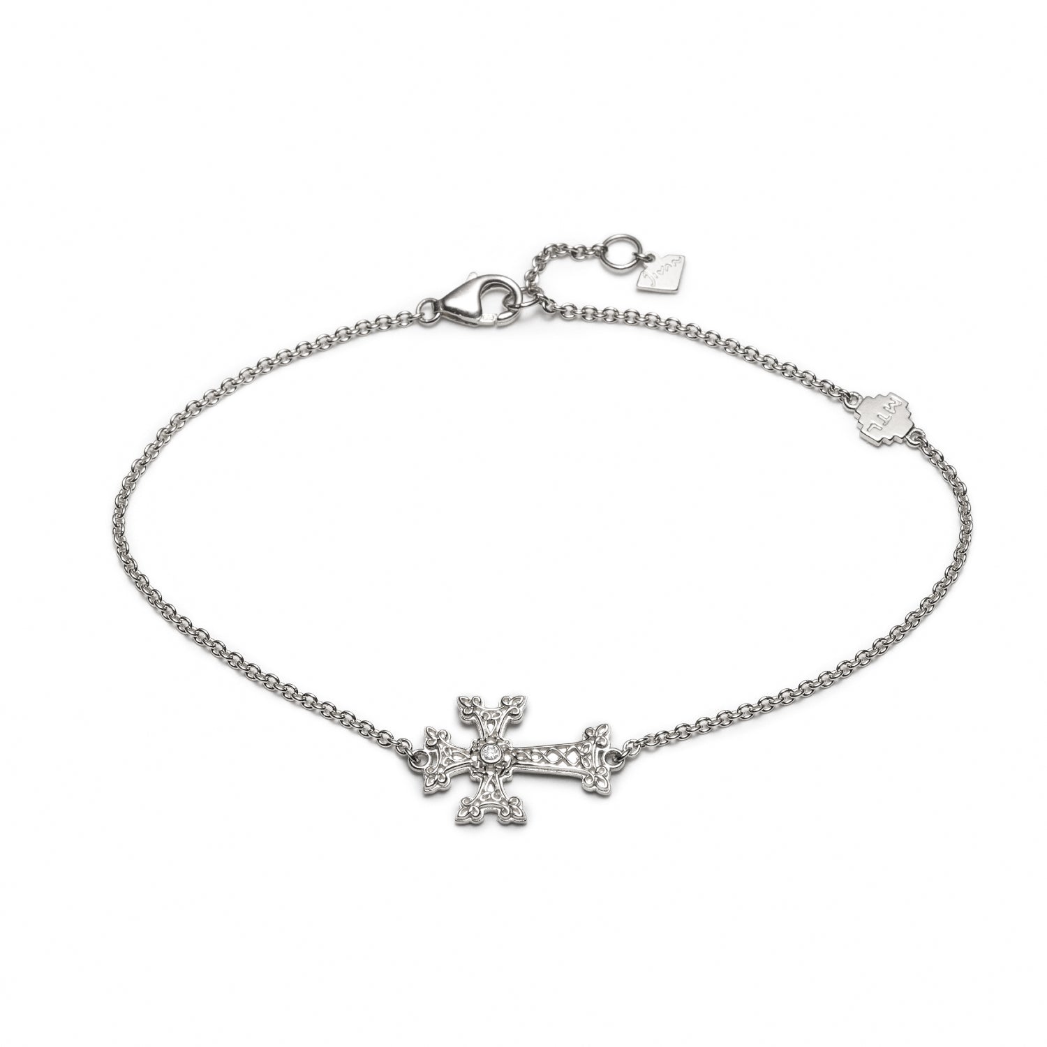 "Khachkar" Diamond Accent Armenian Mini Cross Bracelet in White Gold