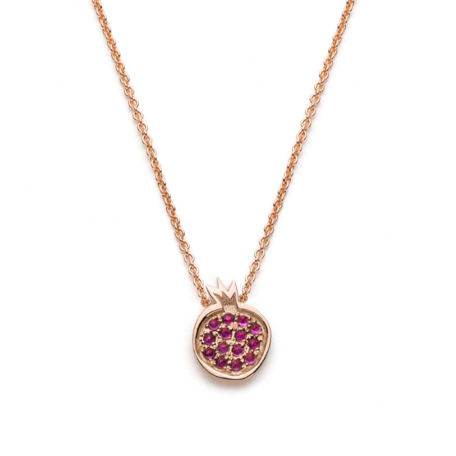 Large Pomegranate Ruby Studded Motif Necklace in Rose Gold