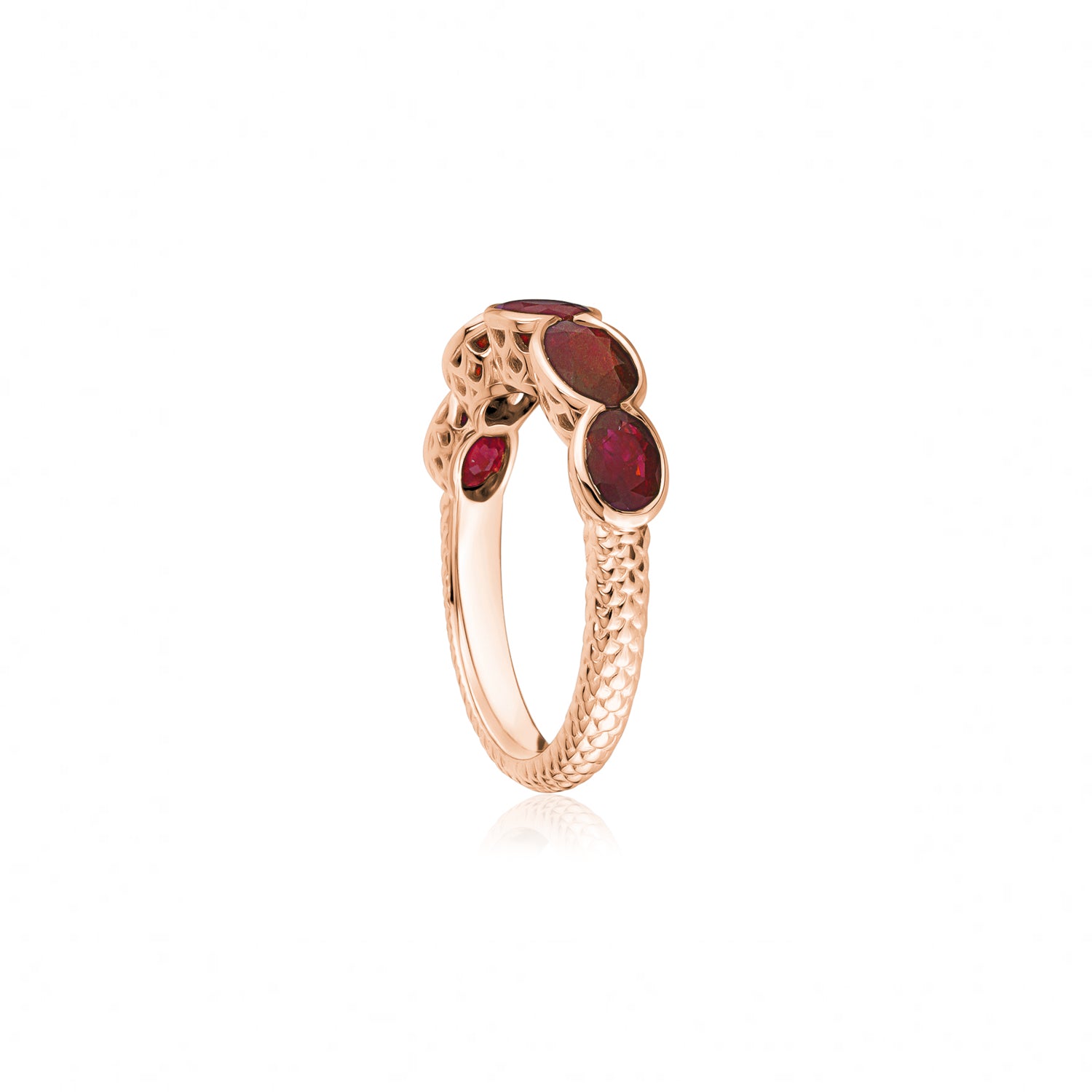 Lepia Oval Ruby Five-Stone Ring in Rose Gold Side View