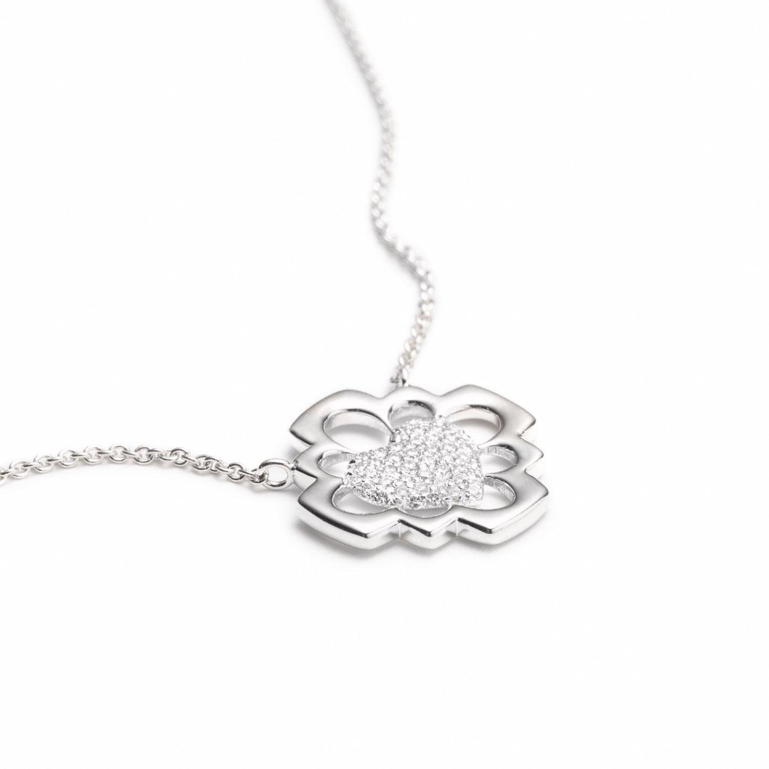 Love Blossom Diamond Pavé Step Motif Necklace in White Gold