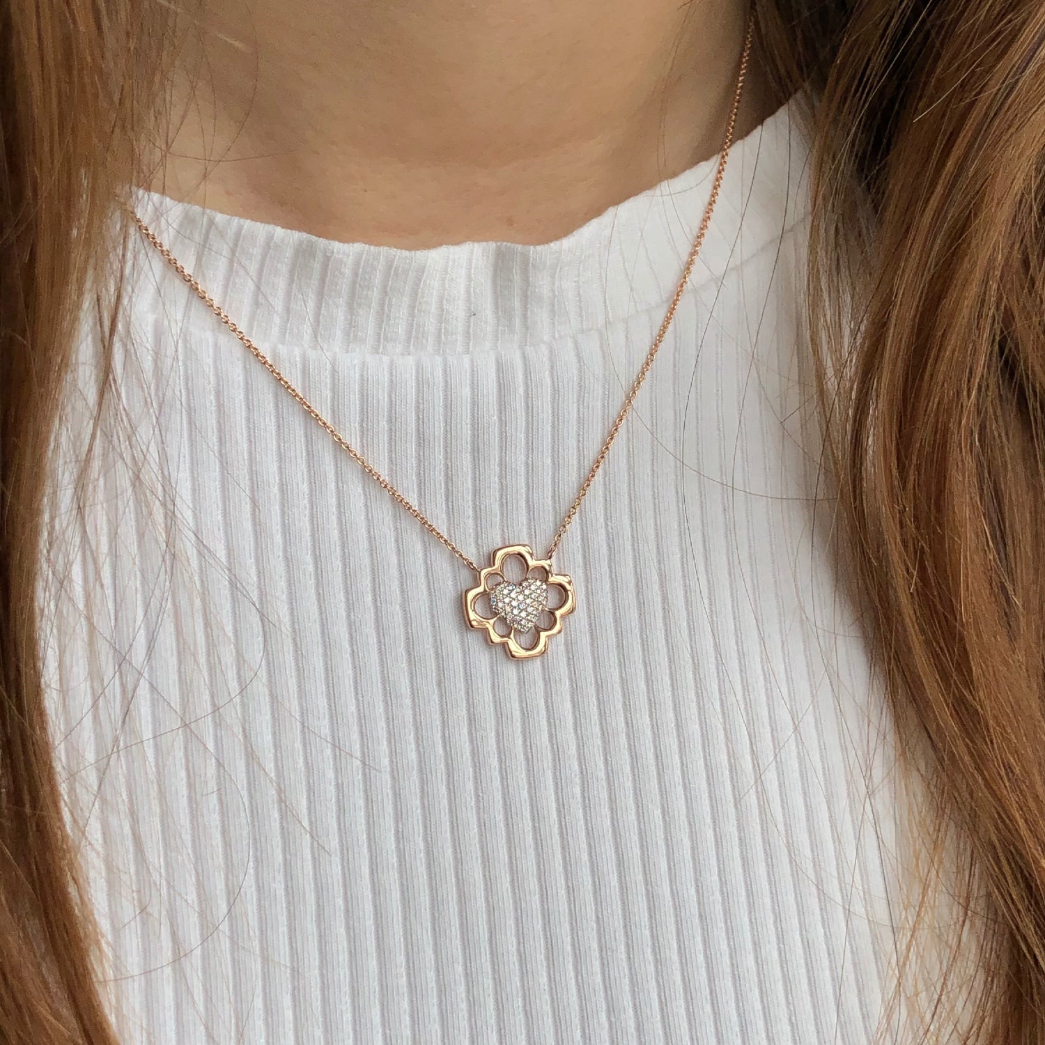 Love Blossom Diamond Pavé Step Motif Necklace on a Model