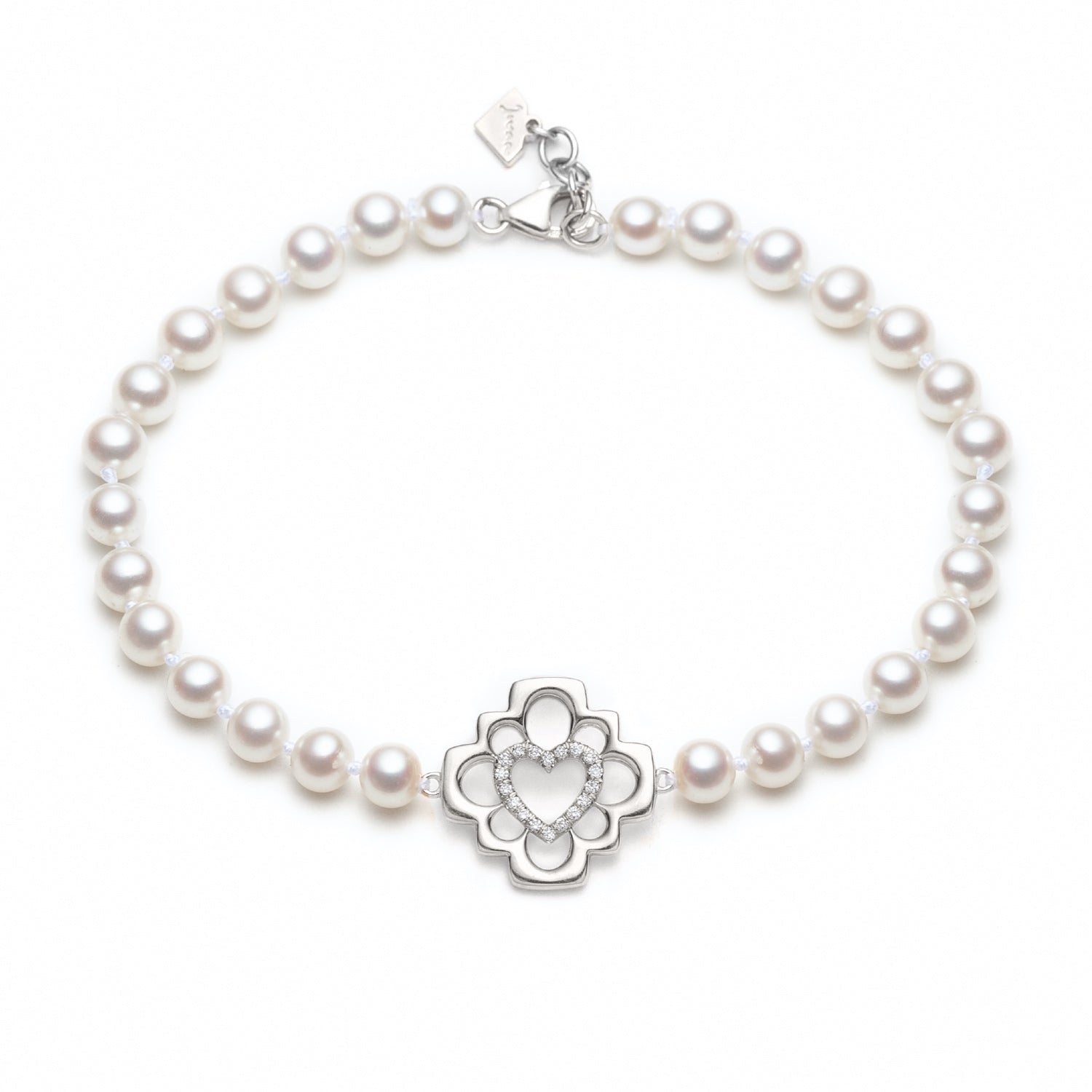 Love Blossom Diamond Step Motif Pearl Bracelet in White Gold