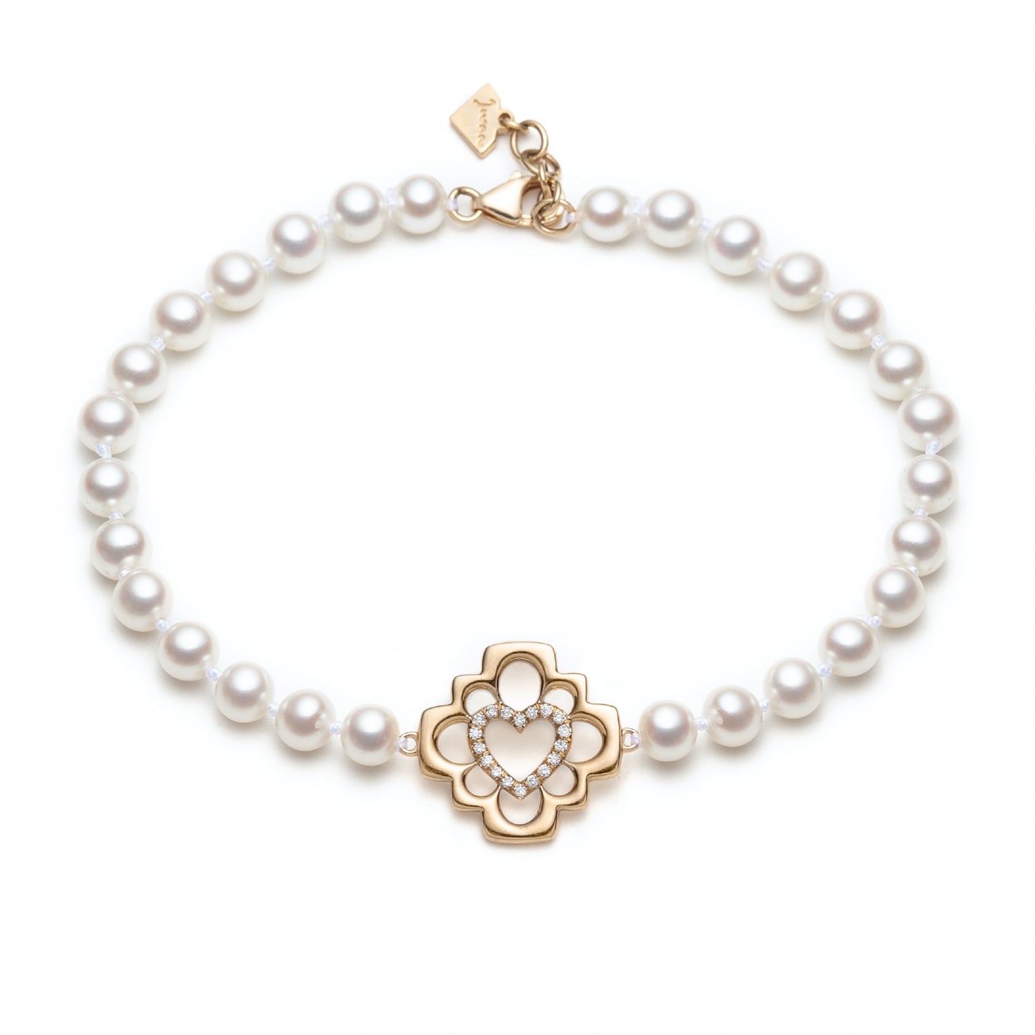 Love Blossom Diamond Step Motif Pearl Bracelet in Yellow Gold