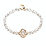 Love Blossom Diamond Step Motif Pearl Bracelet in Yellow Gold