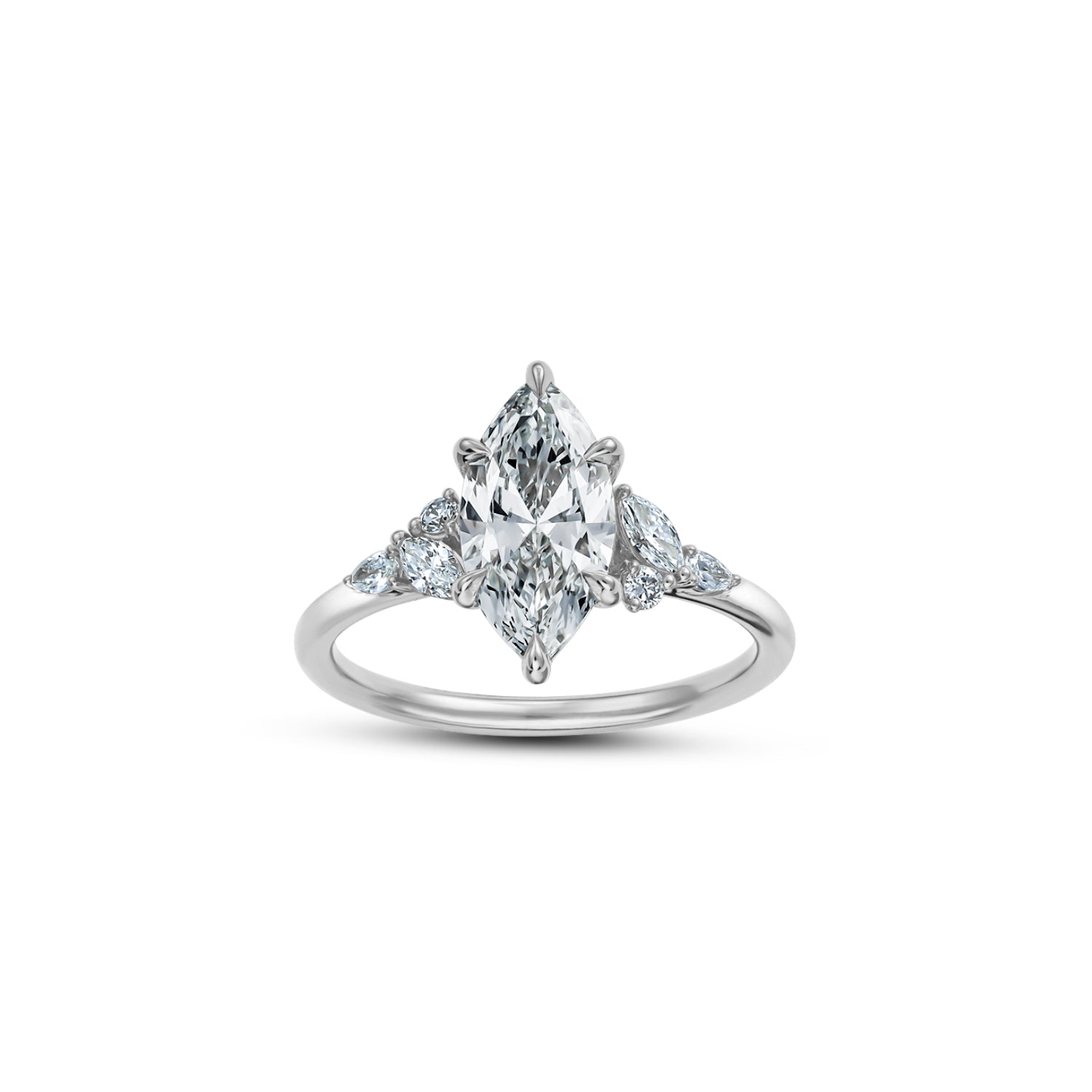 Marquise Cut Lab-Grown Diamond Cluster Floral Engagement Ring in White Gold Front View