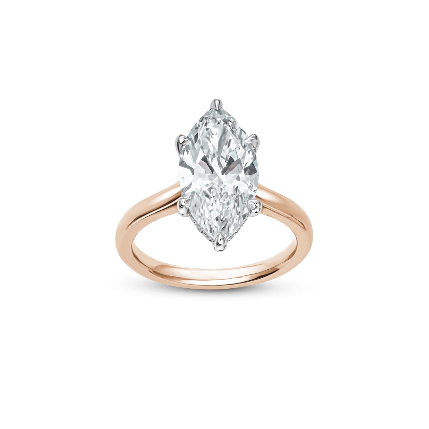Marquise Cut Lab-Grown Diamond Hidden Halo Solitaire Engagement Ring in White and Rose Gold Front View