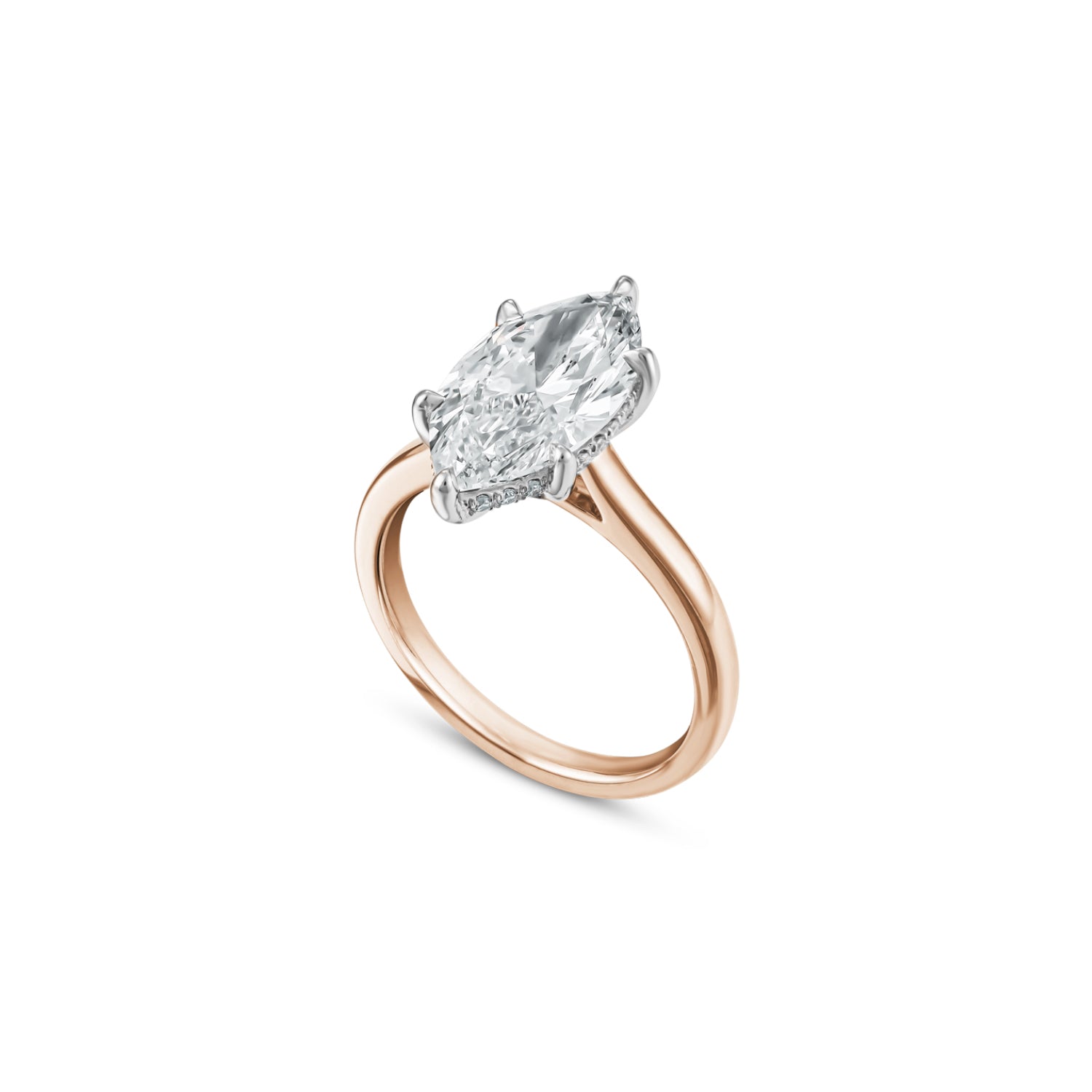 Marquise Cut Lab-Grown Diamond Hidden Halo Solitaire Engagement Ring in White and Rose Gold Side View