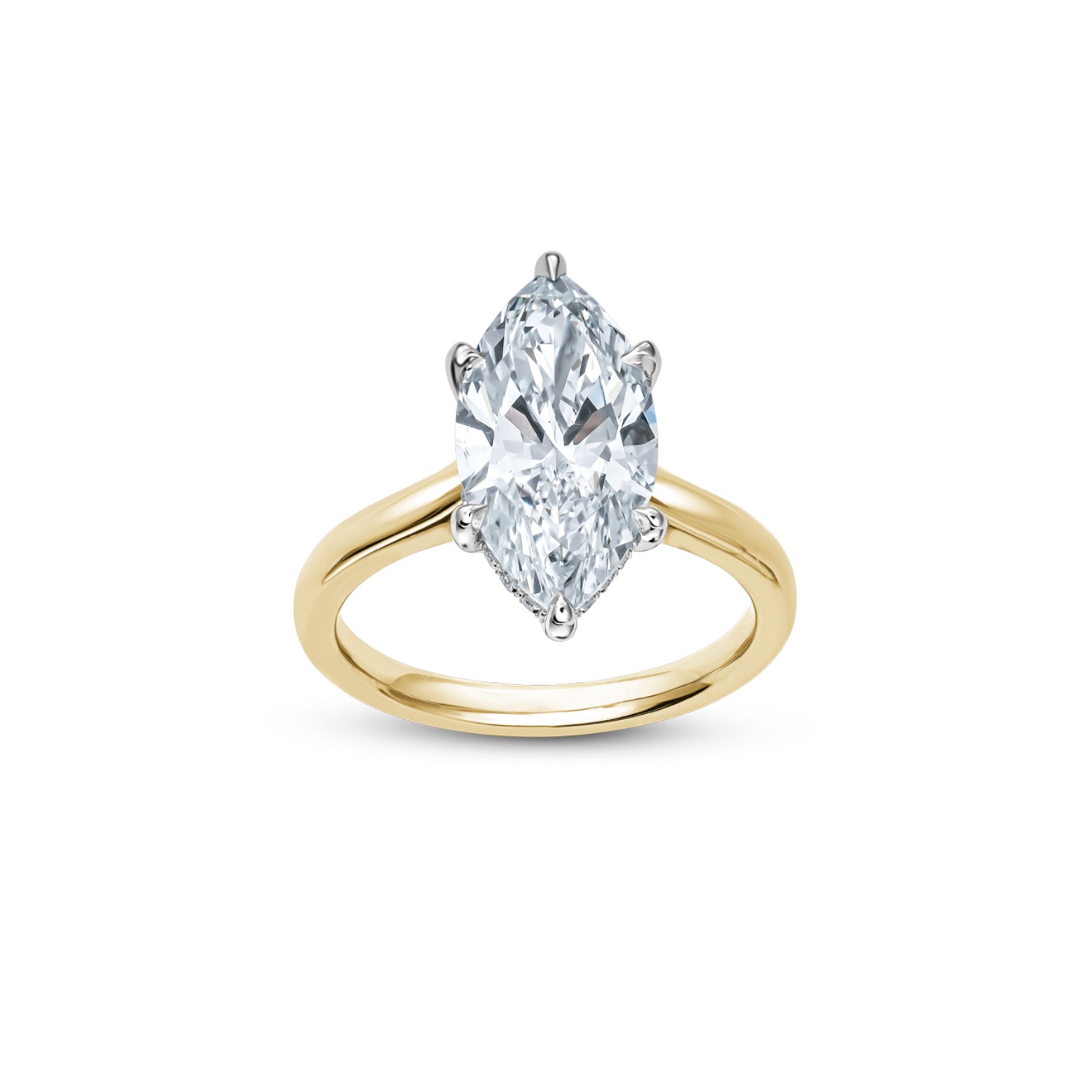 Marquise Cut Lab-Grown Diamond Hidden Halo Solitaire Engagement Ring in White and Yellow Gold Front View