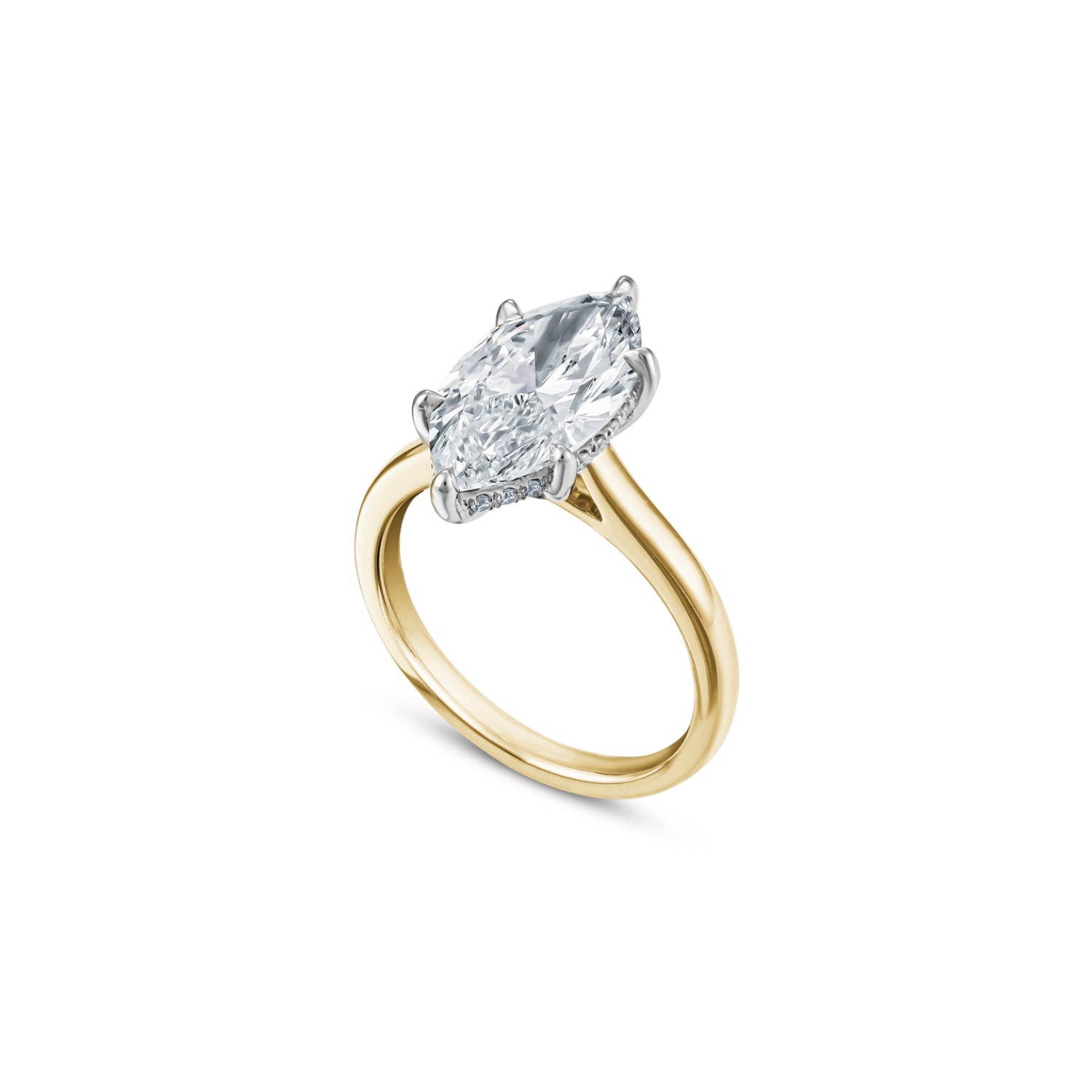 Marquise Cut Lab-Grown Diamond Hidden Halo Solitaire Engagement Ring in White and Yellow Side View