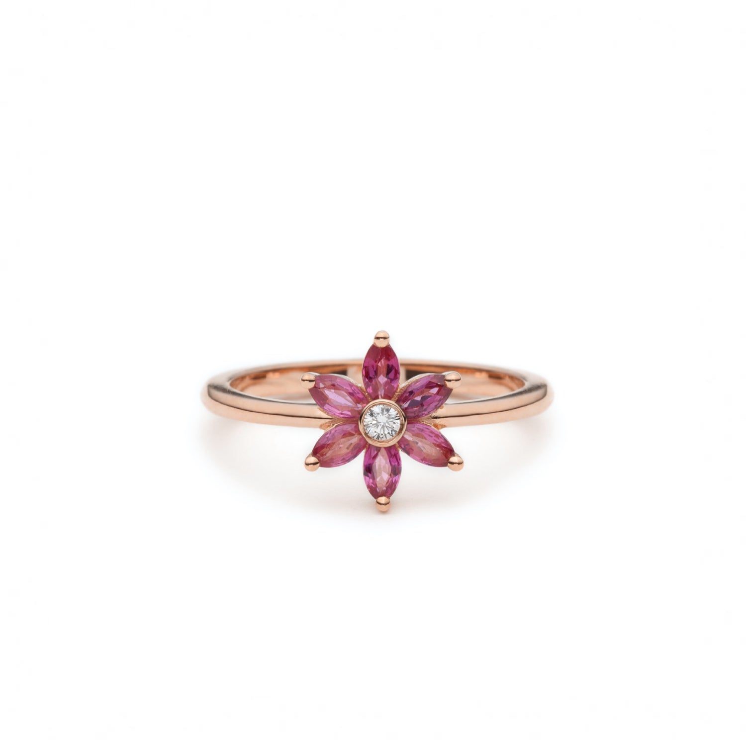 Marquise Cut Ruby and Round Brilliant Cut Diamond Flower Ring in Rose Gold
