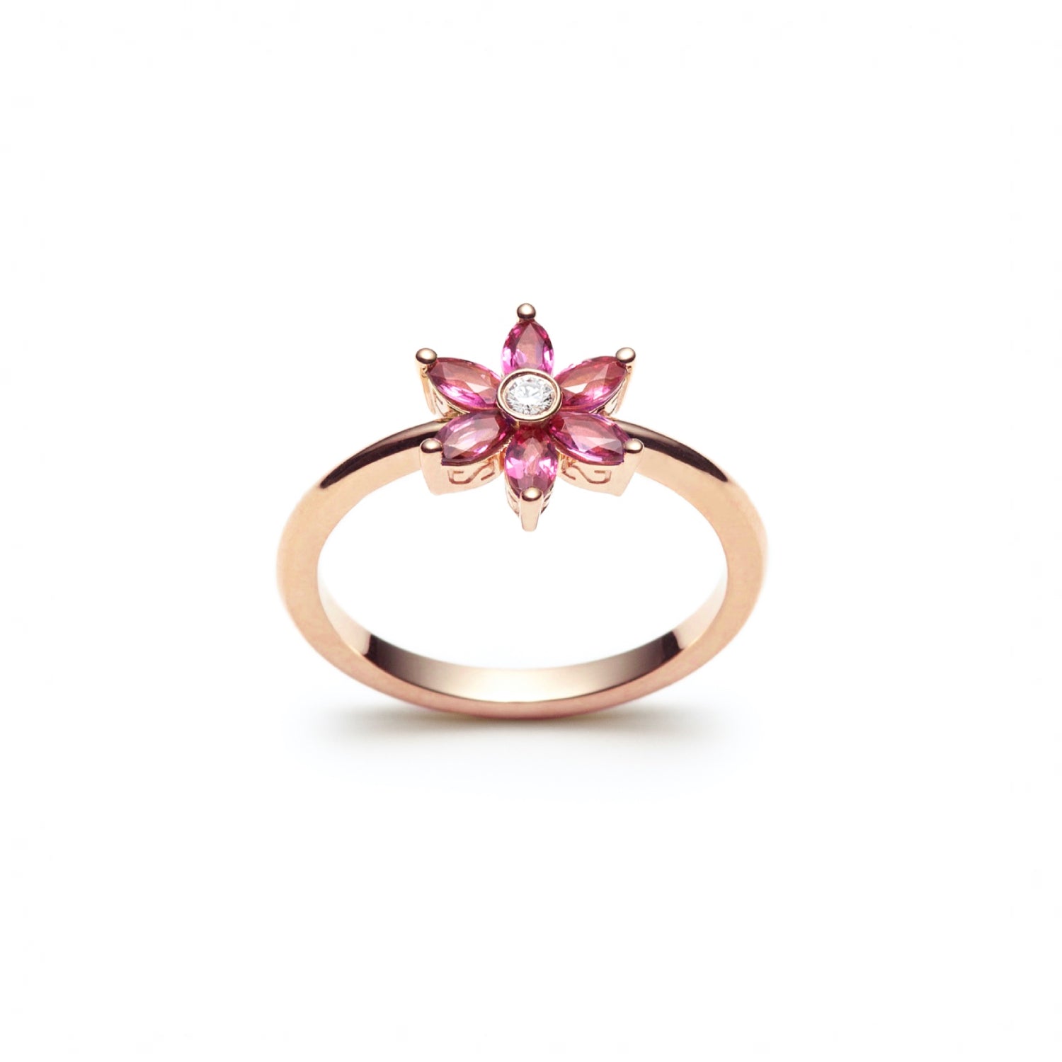 Marquise Cut Ruby and Round Brilliant Cut Diamond Flower Ring in Rose Gold